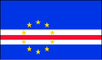 Imagem: Ilustração. Bandeira de Cabo Verde com fundo azul. Na parte inferior há uma faixa vermelha dentro de uma faixa branca. Acima delas há um círculo de estrelas.   Fim da imagem.