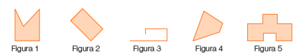 Imagem: Ilustração.  Figura 1: polígono com cinco arestas.  Figura 2: polígono com quatro arestas.  Figura 3: figura aberta com quatro linhas.  Figura 4: polígono com quatro arestas. Figura 5: polígono com doze arestas. Fim da imagem.