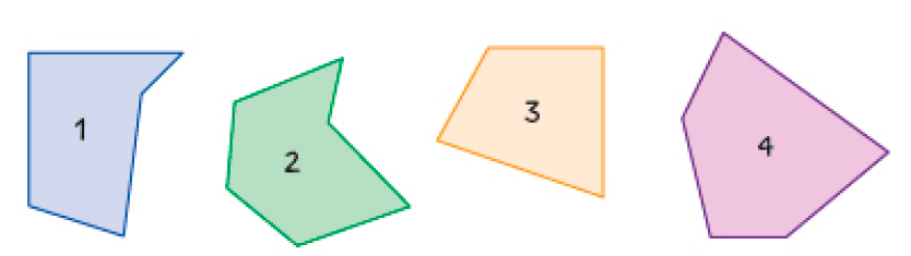Imagem: Ilustração.  1) Polígono com cinco lados.  2) Polígono com seis lados.  3) Polígono com quatro lados.  4) Polígono com cinco lados.   Fim da imagem.