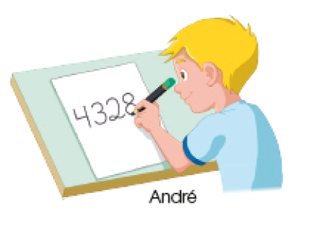 Imagem: Ilustração. André, menino loiro com camiseta azul está sentado e escrevendo o número 4.328 em um papel.   Fim da imagem.