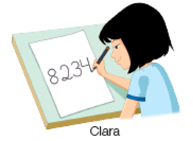 Imagem: Ilustração. Clara, menina com cabelo preto e curto e camiseta azul está sentada e escrevendo o número 8.234 em um papel. Fim da imagem.