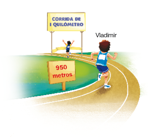 Imagem: Ilustração. Vladimir, jovem com cabelo encaracolado e uniforme azul está correndo em uma pista. Ao seu lado, uma placa com a informação: 950 metros. Ao fundo, um jovem está correndo com os braços levantados e atravessando a faixa de chegada. Acima dele, placa com a informação: CORRIDA DE 1 QUILÔMETRO.   Fim da imagem.