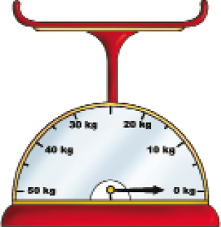 Imagem: Ilustração. Uma balança vazia. No visor, a seta aponta para o peso: 0 kg. Em seguida, os pesos no sentido anti-horário: 0 kg, 10 kg, 20 kg, 30 kg, 40 kg, 50 kg.   Fim da imagem.