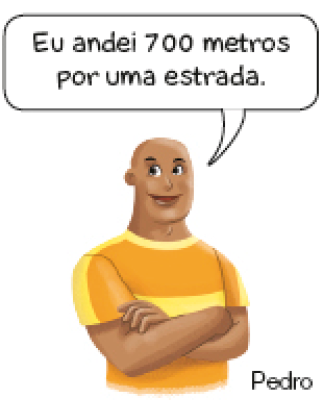 Imagem: Ilustração. Pedro, homem careca fala: Eu andei 700 metros por uma estrada.  Fim da imagem.