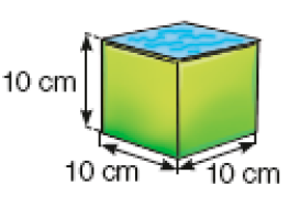 Imagem: Ilustração. Uma caixa cúbica verde com 10 cm de altura, comprimento e profundidade.   Fim da imagem.