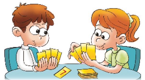 Imagem: Ilustração. Um menino e uma menina estão sentados em volta de uma mesa. Cada um está segurando quatro cartas e na frente deles há uma carta com o número 7 sobre uma mesa e ao lado, um montinho de cartas viradas.  Fim da imagem.