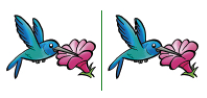 Imagem: Ilustração 1. Duas imagens iguais com uma reta vertical no meio. Um beija-flor azul com o bico em uma flor rosa.   Fim da imagem.