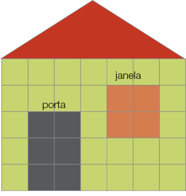 Imagem: Ilustração. Desenho de uma casa, composto por vinte e cinco quadradinhos verdes, formando a parede. Seis quadradinhos pretos formando a porta. Quatro quadradinhos laranja formando a janela e um triângulo vermelho formando o telhado. Fim da imagem.