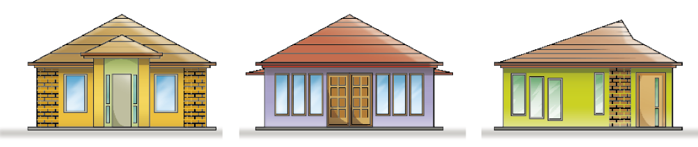 Imagem: Ilustração. À esquerda, casa amarela com telhado triangular. No centro, casa azul com telhado triangular. À direita, casa verde com telhado triangular e ponta inclinada para a direita.  Fim da imagem.