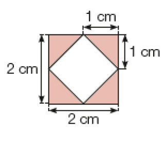 Imagem: Ilustração. Quadrado com 2 cm de largura e comprimento. Dentro há um losango branco e em volta, quatro triângulos marrons com as laterais de 1 cm. Fim da imagem.