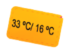 Imagem: Ilustração. Placa amarela com o texto:  33ºC / 16ºC.   Fim da imagem.