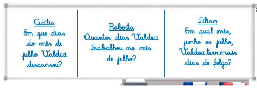 Imagem: Ilustração. Quadro com a informação:  Cecília:  Em que dias do mês de julho Valdeci descansou?  Roberta:  Quantos dias Valdeci trabalhou no mês de julho?  Lílian:  Em qual mês, junho ou julho, Valdeci teve mais dias de folga?  Fim da imagem.