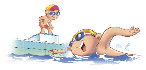 Imagem: Ilustração. Um menino com touca e óculos de natação está em pé, na lateral da piscina. Na frente dele, um menino com touca e óculos está nadando na piscina. Fim da imagem.