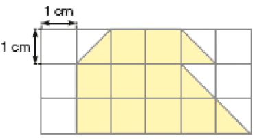 Imagem: Ilustração. Malha quadriculada com seis colunas e três fileiras. Cada quadradinho mede 1 cm de largura e comprimento. No centro há uma figura bege composta por nove quadradinhos beges e quatro meio quadradinhos beges.  Fim da imagem.