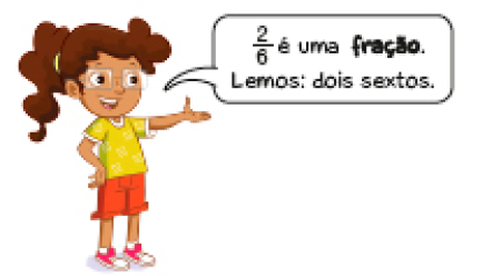 Imagem: Ilustração. Nara, menina com cabelo preso e óculos fala: 2/6 é uma fração. Lemos: dois sextos.   Fim da imagem.