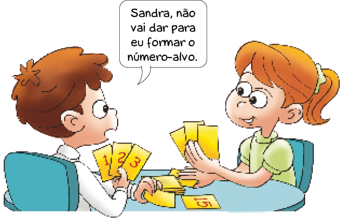 Imagem: Ilustração. Luciano está sentado de costas e segurando três cartas com os números: 1, 2, 3. Ele fala: Sandra, não vai dar para eu formar o número-alvo. Na frente dele, Sandra está segurando três cartas e sorrindo. Entre eles há um montinho de cartas viradas e uma carta com o número 15 sobre uma mesa.  Fim da imagem.