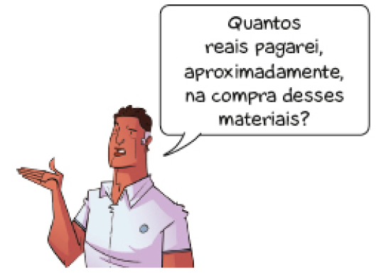 Imagem: Ilustração. Vítor, homem com cabelo castanho e camiseta branca está com a mão direita virada para cima. Ele pergunta: Quantos reais pagarei, aproximadamente, na compra desses materiais?   Fim da imagem.