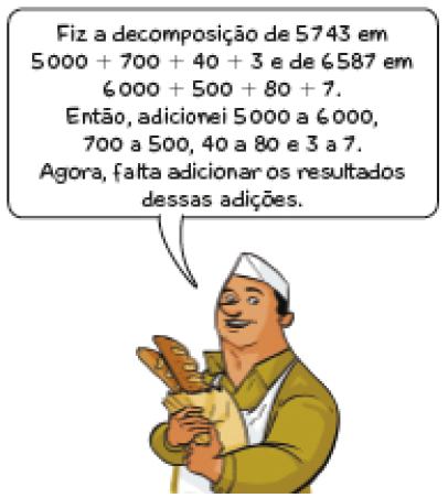 Imagem: Ilustração. Tomás, homem com chapéu e avental brancos está segurando uma sacola com pães e fala: Fiz a decomposição de 5.743 em 5.000 + 700 + 40 + 3 e de 6.587 em 6.000 + 500 + 80 + 7. Então, adicionei 5.000 a 6.000, 700 a 500, 40 a 80 e 3 a 7. Agora, falta adicionar os resultados dessas adições.  Fim da imagem.