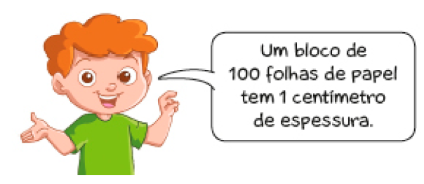 Imagem: Ilustração. Tarcísio, menino ruivo com cabelo encaracolado fala: Um bloco de 100 folhas de papel tem 1 centímetro de espessura. Fim da imagem.