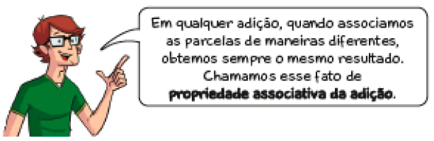 Imagem: Ilustração. Um homem com cabelo castanho e óculos fala: Em qualquer adição, quando associamos as parcelas de maneiras diferentes, obtemos sempre o mesmo resultado. Chamamos esse fato de propriedade associativa da adição. Fim da imagem.