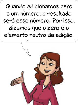 Imagem: Ilustração. Cláudia, mulher com cabelo castanho e comprido diz: Quando adicionamos zero a um número, o resultado será esse número. Por isso, dizemos que o zero é o elemento neutro da adição. Fim da imagem.