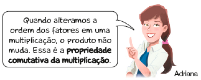 Imagem: Ilustração. Adriana, mulher com cabelo preso fala: Quando alteramos a ordem dos fatores em uma multiplicação, o produto não muda. Essa é a propriedade comutativa da multiplicação. Fim da imagem.