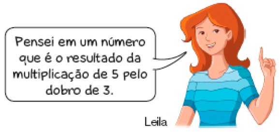 Imagem: Ilustração. Leila, mulher ruiva diz: Pensei em um número que é o resultado da multiplicação de 5 pelo dobro de 3. Fim da imagem.