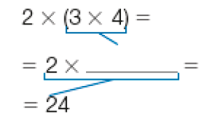 Imagem: Esquema. 2 x (3 x 4) =. = 2 x espaço apra resposta = 24 Fim da imagem.