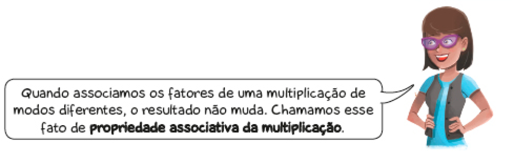 Imagem: Ilustração. Uma mulher com cabelo curto sorri com as mãos na cintura e fala: Quando associamos os fatores de uma multiplicação de modos diferentes, o resultado não muda. Chamamos esse fato de propriedade associativa da multiplicação.   Fim da imagem.