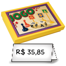 Imagem: Ilustração. Um jogo de tabuleiro. Ao lado, placa com o preço: R$ 35,85.    Fim da imagem.