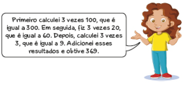 Imagem: Ilustração. Viviane, jovem com cabelo ondulado fala: Primeiro calculei 3 vezes 100, que é igual a 300. Em seguida, fiz 3 vezes 20, que é igual a 60. Depois, calculei 3 vezes 3, que é igual a 9. Adicionei esses resultados e obtive 369. Fim da imagem.