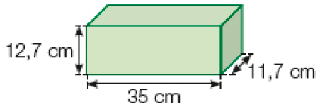 Imagem: Ilustração. Um paralelepípedo verde com 12,7 cm de altura, 35 cm de largura e 11,7 cm de profundidade.  Fim da imagem.