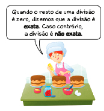 Imagem: Ilustração. Ana, mulher ruiva com chapéu de cozinheira e avental fala: Quando o resto de uma divisão é zero, dizemos que a divisão é exata. Caso contrário, a divisão é não exata. Na frente dela há três bolos sobre uma mesa.  Fim da imagem.