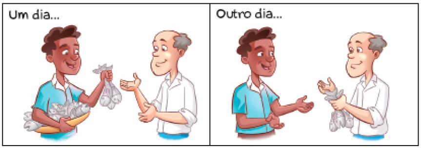 Imagem: Ilustração. À esquerda, um dia... um homem com cabelo encaracolado segura uma bandeja com peixes com a mão direita e com a mão esquerda estendida, ele segura três peixes. Na frente dele, um homem calvo está com as mãos estendidas. À direita, outro dia... o homem com cabelo encaracolado está sorrindo com as mãos estendidas. Na frente dele, o homem calvo está segurando três peixes.    Fim da imagem.