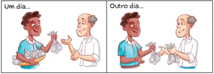 Imagem: Ilustração. À esquerda, um dia... um homem com cabelo encaracolado segura uma bandeja com peixes com a mão direita e com a mão esquerda estendida, ele segura três peixes. Na frente dele, um homem calvo está com as mãos estendidas. À direita, outro dia... o homem com cabelo encaracolado está sorrindo e segurando três peixes com a mão esquerda estendida. Na frente dele, o homem calvo está segurando três peixes com a mão esquerda e com a mão direita estendida.  Fim da imagem.