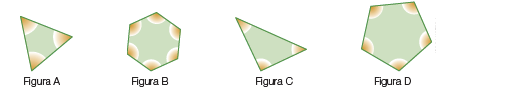 Imagem: Ilustrações. Figura A. Triângulo com destaque para três ângulos internos.  Figura B. Hexágono com destaque para seis ângulos internos. Figura C. Triângulo com destaque para três ângulos internos. Figura D. Pentágono com destaque para cinco ângulos internos. Fim da imagem.