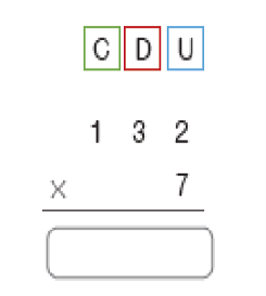 Imagem: Conta de multiplicação na vertical. Acima, as siglas: C, D, U. Abaixo, o número 132.Em seguida, sinal de multiplicação e o número 7. Abaixo, traço horizontal.   Fim da imagem.