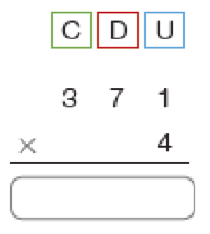 Imagem: Conta de multiplicação na vertical. Acima, as siglas: C, D, U. Abaixo, o número 371. Em seguida, sinal de multiplicação e o número 4. Abaixo, traço horizontal.    Fim da imagem.