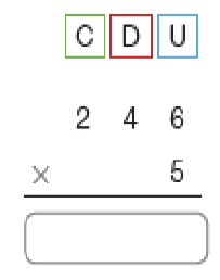 Imagem: Conta de multiplicação na vertical. Acima, as siglas: C, D, U. Abaixo, o número 246. Em seguida, sinal de multiplicação e o número 5. Abaixo, traço horizontal.  Fim da imagem.