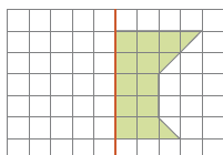 Imagem: Ilustração. Malha quadriculada. No centro há uma reta vertical sobre metade direita de uma figura com seis lados.   Fim da imagem.