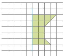 Imagem: Ilustração. Malha quadriculada. No centro há uma reta vertical sobre metade direita de uma figura com seis lados. Resposta: Há esquerda, metade esquerda da figura desenhada.  Fim da imagem.