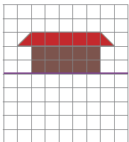 Imagem: Ilustração. Malha quadriculada. No centro há uma reta horizontal sobre uma casa com parede marrom e telhado vermelho. Resposta: Na parte inferior, a casa de ponta cabeça com parede marrom e telhado vermelho.  Fim da imagem.