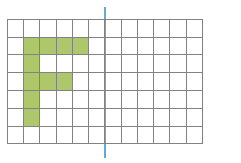 Imagem: Ilustração. Malha quadriculada. No centro há uma reta vertical. À esquerda, quadrados verdes formando a letra F.   Fim da imagem.