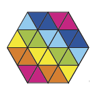 Imagem: Ilustração. Mosaico composto por quatro triângulos pequenos e coloridos (azul-escuro, rosa, verde, amarelo, laranja e azul-claro) enfileirados, formando um hexágono.  Fim da imagem.