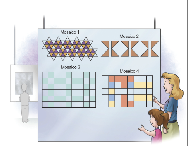 Imagem: Ilustração. Marina, menina com cabelo preso está ao lado de uma mulher loira. Ela está sorrindo e observando mosaicos em uma exposição.  Mosaico 1: triângulos brancos, laranja e roxos em padrão.  Mosaico 2: quatro triângulos marrons com as pontas unidas, formando três figuras com o mesmo padrão.  Mosaico 3: retângulo composto por quadrados azul-claro e azul-escuro em um mesmo padrão. Mosaico 4: retângulo composto por quadrados azul, vermelho e amarelo, fora de padrão.   Fim da imagem.