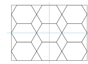 Imagem: Ilustração. Mosaico composto por figuras geométricas. No centro há uma reta vertical e uma reta horizontal. Fim da imagem.