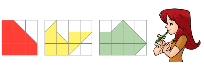 Imagem: Ilustração. 3 malhas quadriculadas. 1. malha quadriculada com seis quadrados vermelhos e dois meio quadrados vermelhos. 2. malha quadriculada com quatro quadrados amarelos e quatro meio quadrados amarelos. 3. malha quadriculada com seis quadrados verdes e quatro meio quadrados verdes. À direita, Yara, jovem ruiva segura um lápis sob o queixo.  Fim da imagem.