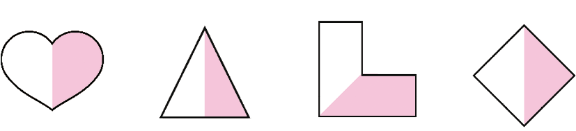 Imagem: Ilustração. Um coração, um triângulo, uma figura com formato da letra L e um losango. O coração, triângulo e losangos estão com as metades pintadas de rosa. A figura com formato da letra L está com a parte inferior pintada de rosa.  Fim da imagem.