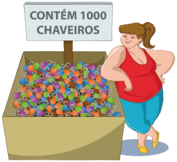 Imagem: Ilustração. Lúcia, mulher com cabelo preso está com o braço apoiado em uma caixa grande com vários chaveiros coloridos dentro. Ao lado, placa com a informação: CONTÉM 1.000 CHAVEIROS. Fim da imagem.