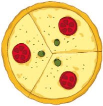 Imagem: Ilustração. Uma pizza dividida em três fatias.  Fim da imagem.